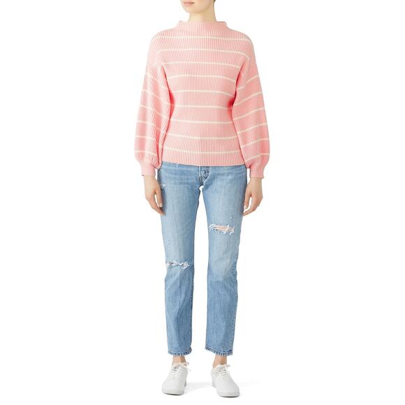 Saylor Reformation Pink White Striped Ribbed Knit Wool Crewneck Balloon Sweater - Picture 1 of 9